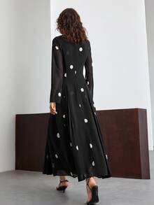 Ontre 2026SS Spring/Summer Women's Long Polka Dot Dress, Black & White, Party & Valentine's Day, A-Line Waist Cinched, Long Sleeve, Round Neck, Casual Chic, Business Casual, Commute, Slimming, Daily Urban Stylish, Minimalist Elegant, Versatile Long Dress - Black - View 3