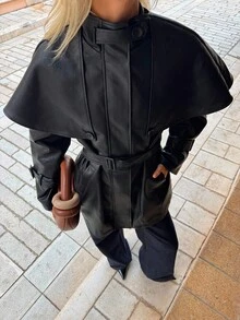 SHEIN EZwear 女士时尚腰带黑色皮革风衣 - 黑色 - 查看 1