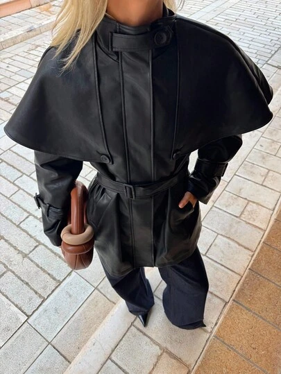 Muchica 女士时尚腰带黑色皮革风衣