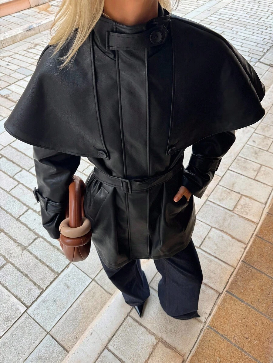 SHEIN EZwear 女士时尚腰带黑色皮革风衣 - 黑色 - 查看 1