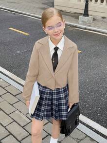 SHEIN 青少年女孩休闲纯色短款夹克 - 卡其色 - 查看 4