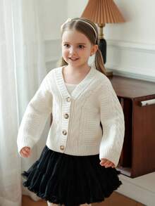 Young Girl Cable Knit Textured Cardigan, Casual & Versatile Fall Winter Christmas Halloween Autumn Fall Jumper - White - View 6