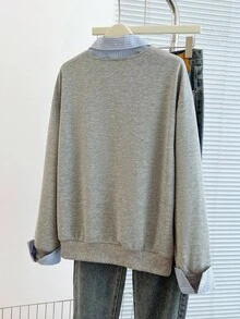 Franclia 女士秋季拼布条纹衬衫领落肩长袖休闲宽松运动衫 - 灰色 - 查看 2