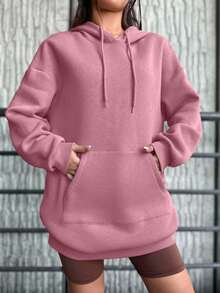 EURMUSE Cotton Pocket Drop Shoulder Drawstring Thermal Hoodie - Dusty Pink - View 6