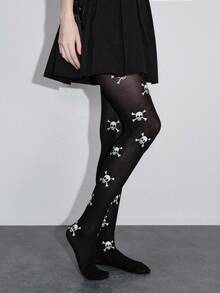 ROMWE Grunge Punk 1 Pair Dark Gothic Skull Print Tights/Pantyhose - Black - View 3