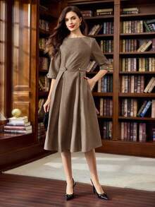 Vintamour Vintage klassisch elegantes Damenkleid, figurbetontes Boot-Ausschnitt 3/4 Arm Kleid mit Taillengürtel und Knöpfen, marineblau Kleid Herbstkleidung formelle Kleider für Frauen braunes Kleid Business Lässig Frau Frauenkleider Herbst Winter Silvester Kleid Silvester Frauenkleidung braunes Kleid - Braun - Übersicht 4