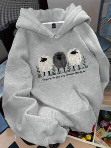 Flirla Plus Size Women's Sheep & Letter Slogan Graphic Print Casual Thermal Drawstring Sweatshirt Pullover Sweatshirt, Fall/Winter - Light Grey - View 1