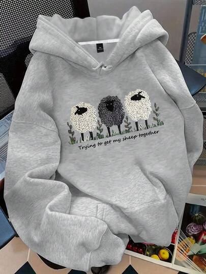 Flirla 大码女式绵羊字母标语印花休闲保暖抽绳套头卫衣，秋冬款