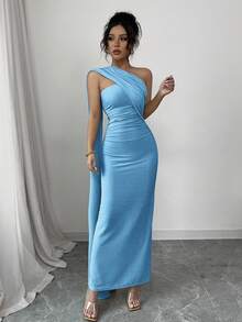 Elenzga 女式新款蓝色欧美时尚优雅派对轻盈成熟高端不对称领口斗篷性感褶皱腰身修身紧身后背中心开衩性感闪亮弹力针织优雅舒适约会派对情人节连衣裙