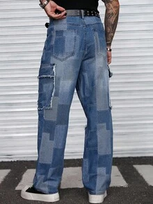 Manfinity Roughcore Men's Personalized Street Retro Loose Blue Mosaic Plaid Raw Edge Patch Large Pocket Jeans, Suitable For Parties And Work, Emo Style - Blue - View 2