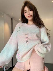 DAZY Damski luźny, swobodny, elegancki sweter w paski z nadrukiem tie-dye, kolorowy, dojazdowy, stylowy, z kryształkami i cekinami, jesień/zima - Miętowy niebieski - Zobacz 1