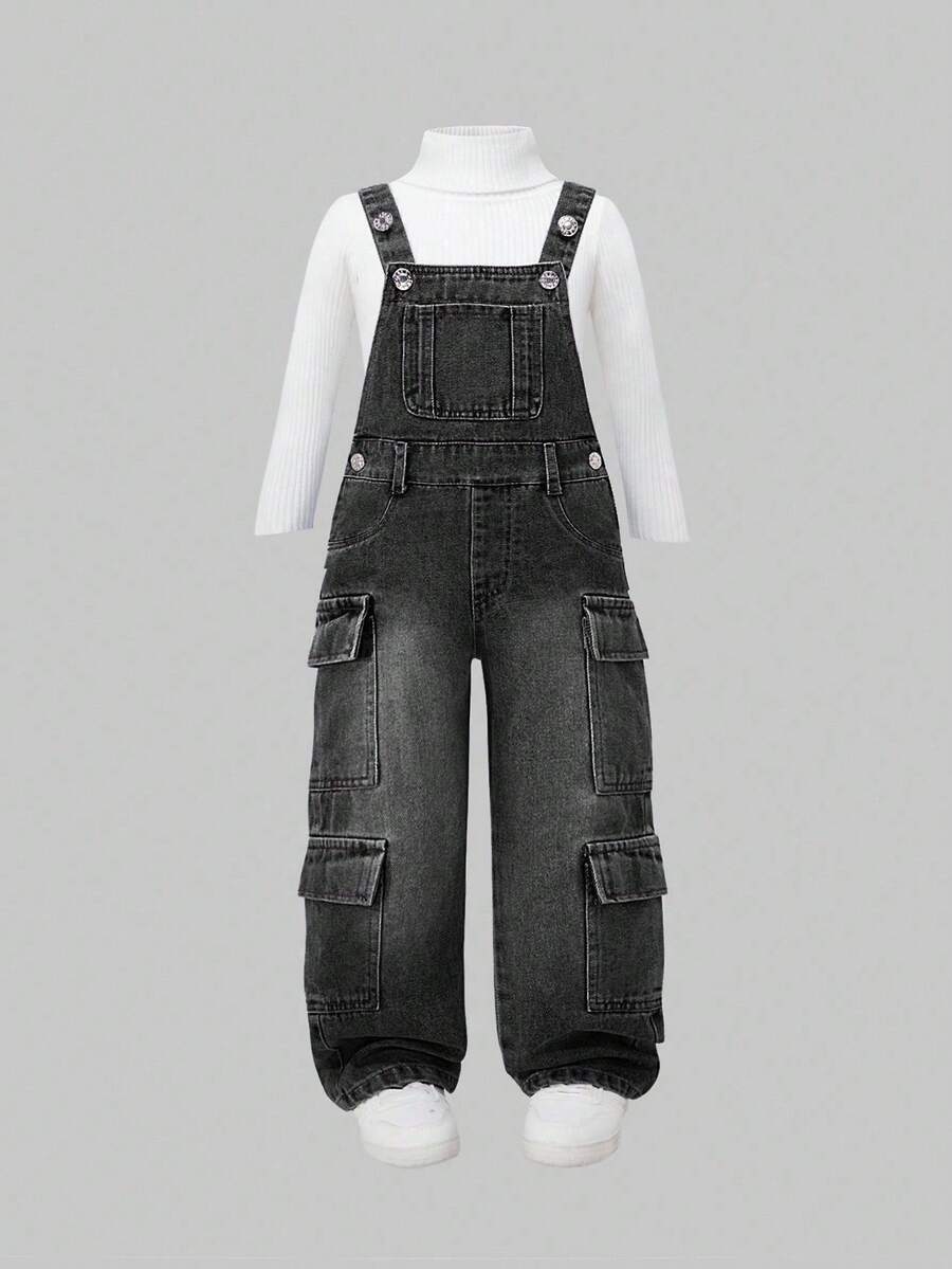 SHEIN Young Girl' Personalized Versatile Washed Soft Casual Fashion Street Non-Stretch Denim Bib Pants, Lightweight For Spring & Autumn Fall Winter - Black - View 1