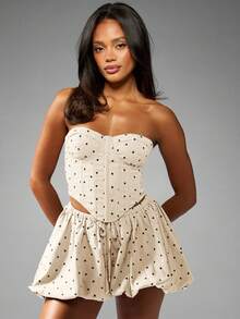 MISSGUIDED Quần short cạp cao viền bong bóng họa tiết chấm bi sọc caro phong cách áo nịt ngực mùa hè dự tiệc bãi biển thiết kế túi dây rút - Màu be - Xem 4