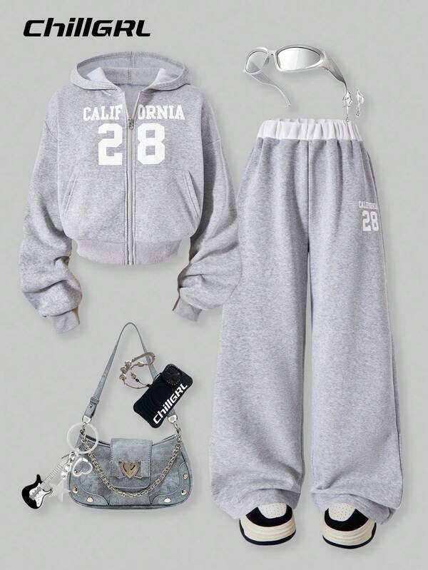 SHEIN 2pcs Teenage Printed Hooded Casual Sports Jacket & Pants Set, Suitable For Daily Commute And Outdoor Wear Fall Winter