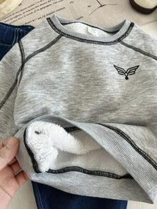 SHEIN Sudadera de cuello redondo con forro térmico para bebés niños, cómoda y versátil para todo uso, adecuada para interior, exterior, uso diario, deportes, juego, fiesta, sesión de fotos en otoño/invierno, ropa de bebé niño, ropa de bebé niño de manga larga, conjunto de otoño para bebé niño, sudadera de bebé niño