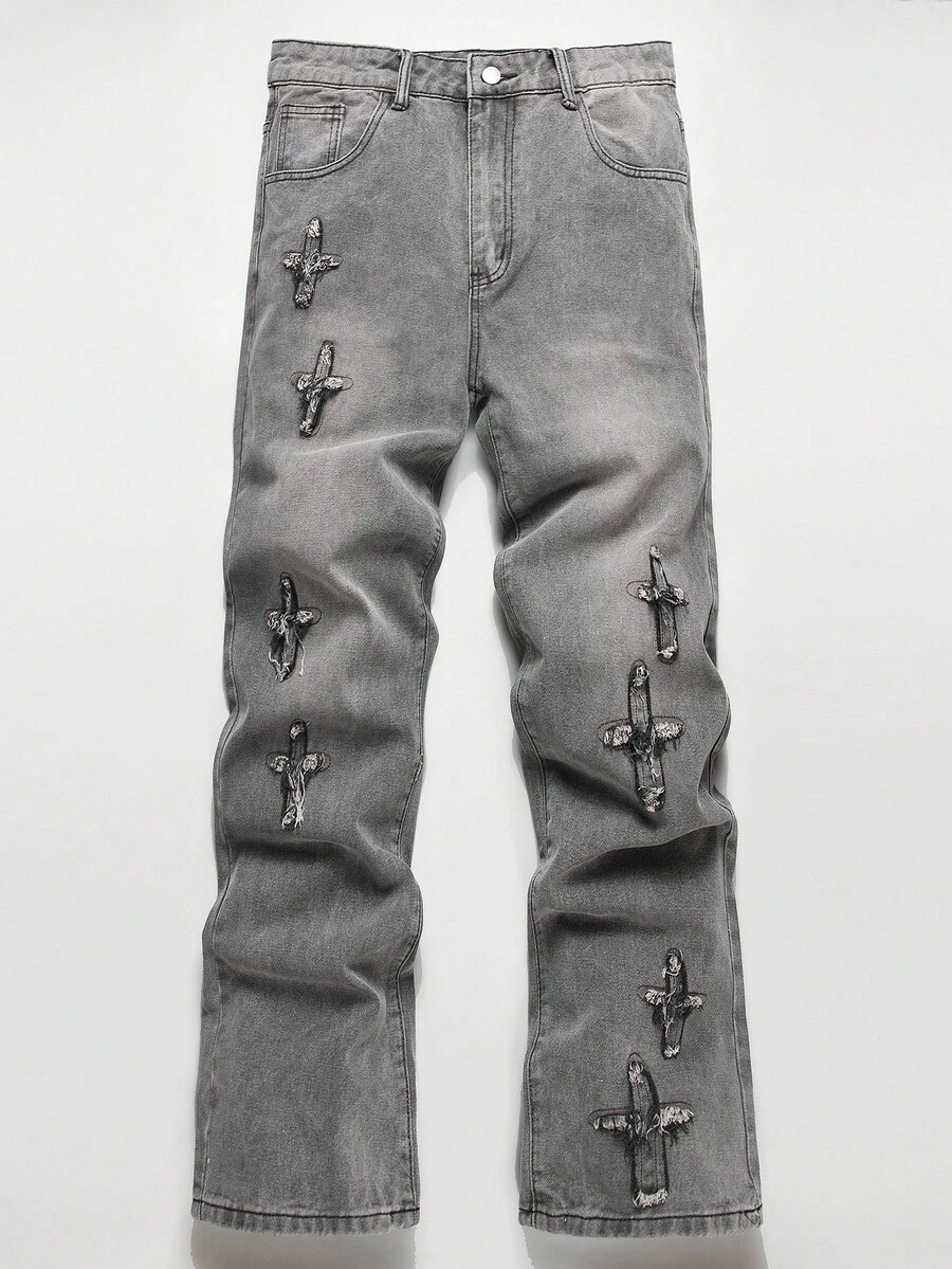 Manfinity EMRG Quần ống rộng denim xanh nhạt, giặt tay phong cách đường phố cổ điển Y2K có miếng vá hình ngôi sao trang trí cho nam - Màu Xám nhạt - Xem 1