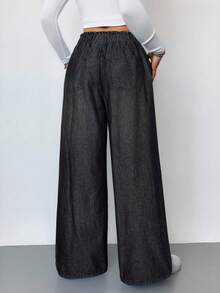 SHEIN PETITE 女士蓝色牛仔裤夏季阔腿裤舒适松紧腰带口袋夏季休闲装 - 黑色 - 查看 2