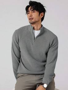 Manfinity Homme Plus Size Men's Solid Color Minimalist Casual Half Zip Long Sleeve Sweater, Fall Winter