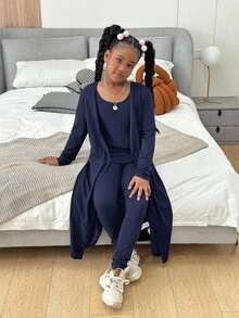 SHEIN طقم كاجوال مكون من 3 قطع للفتيات المراهقات: كارديجان طويل الأكمام بلون سادة، صدرية وبنطلون