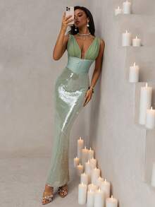 Vowa Modisch, sexy, avantgardistisch, Mesh, glänzend, grün, Pailletten, Satin Patchwork, Spaghettiträger, rückenfreies Kleid, geeignet für Nachtclub, Party, Strand, Urlaub, Cocktailparty