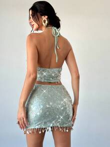 Firerie Women's Elegant Sexy Backless Sequin Halter Crop Top And Low Waist Fringed Mini Skirt Two Pieces Set, Suitable For Summer Vacation, Party, Music Festival, Date - White - View 2