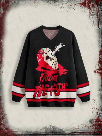 Friday the 13th X ROMWE Suéter oversize con estampado de letras y máscaras de Halloween, con vibra de terror