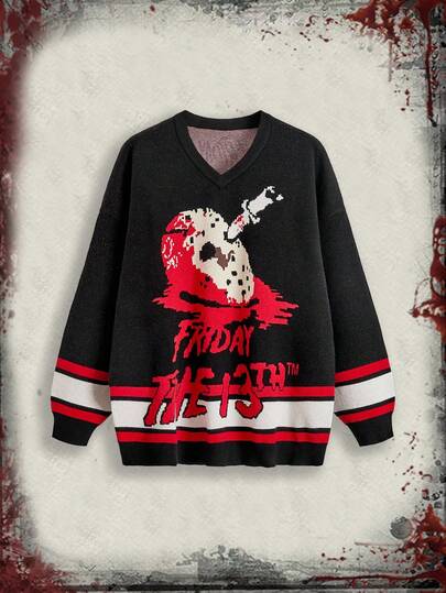 Friday the 13th X ROMWE Halloween Letter & Mask Pattern Oversized Sweater, Horror Vibe