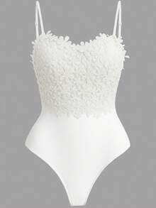 Rometta Plus Size Lace Applique Fitted Elegant Bodysuit - White - View 3