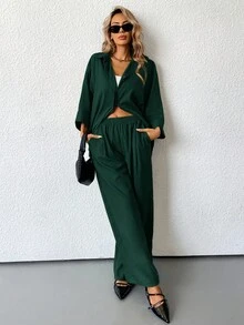 Aveloria Modichic 2 件套女士混纺侧开衩宽松衬衫和高腰阔腿裤优雅商务休闲女装 - 橄欖綠 - 查看 6