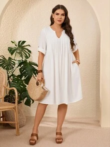 EMERY ROSE 大码女式度假休闲白色缺口领褶皱连衣裙