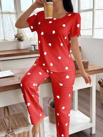 Women Heart Print Round Neck Short Sleeve Shorts Pajama Set view 4
