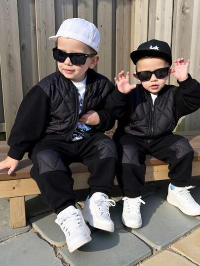 男婴/女婴休闲可爱趣味运动街头服饰百搭简约舒适时尚毛绒钻石图案厚夹克和松紧腰裤套装，适合秋冬季外出、滑雪、生日派对、洗礼、1 岁生日庆祝、晚会、表演、婚礼等场合