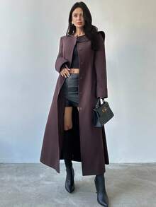 Firerie 女士优雅、精致、端庄的日常通勤街头时尚新款百搭宽围巾披肩领纽扣腰A字长款棕色外套，秋冬女装，女士冬季外套新年款 - 咖啡棕 - 查看 5