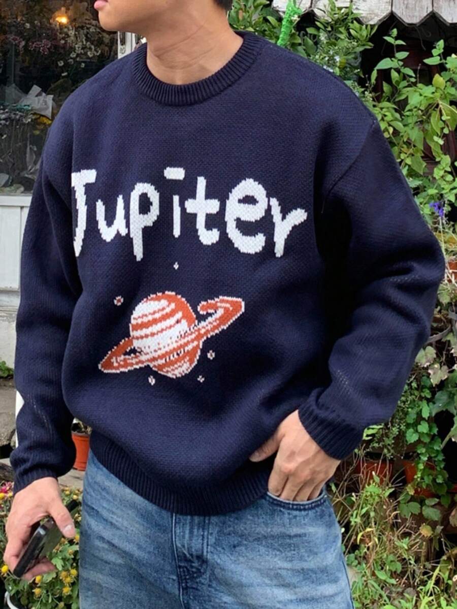 DAZY Men's Minimalist Loose Fit Planet & Text Print Long Sleeve Pullover Sweater - Navy Blue - View 1