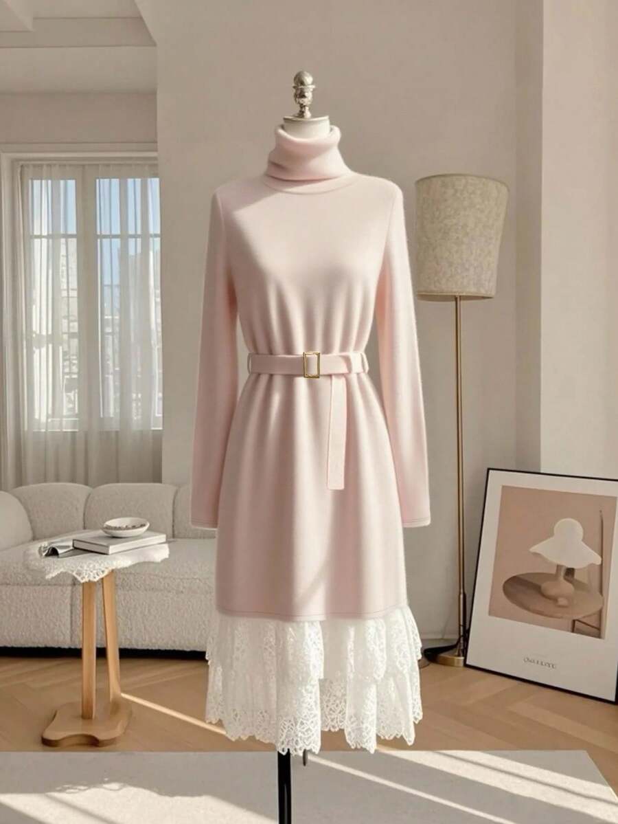 Franclia Conjunto Elegante e Delicado de Outono/Inverno para Mulheres, Vestido Rosa de Manga Longa com Gola Alta, Renda e Recortes, Comprimento Médio - Rosa Bebê - Visão 1