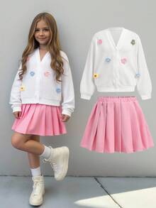 Leap Crew Leap Crew 青少年女孩休闲长袖V领开衫和迷你裙套装 - 粉色 - 查看 1