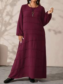 EMERY ROSE Plus Size Women's Solid Color Round Neck Long Lantern Sleeve Loose Casual Dress - Burgundy - View 3