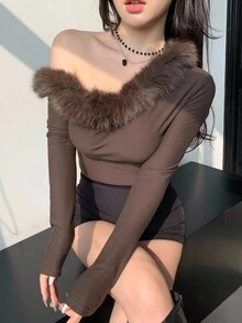 DAZY 女式羊毛拼布斜肩基本款长袖T恤，秋冬