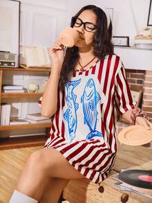 SHEIN Casual Loose Striped Fish Print Contrast Color Women's Nightgown - Multicolor - View 3