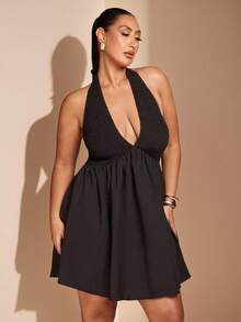 SHEIN BAE Plus Size Black Woven Drawstring Waist A-Line Backless Dress,Women Elegant Formal Evening Summer Sundress,Night Out Club Birthday Wedding Guest Outfit - Black - View 3