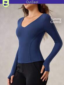 OutZeal Koszulka sportowa na siłownię, treningowa, z długim rękawem i dekoltem w serek, szybkoschnącym, modelującym brzuch, dopasowana do ciała, z otworami na kciuki - Niebieski - Zobacz 10