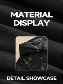 Anewsta Women's Elegant Black & Gray Denim Floral Embroidered & Rhinestone Decorated Hooded Winter Coat, Suitable For Autumn, Fall, Winter, Going Out, Formal, Party, Chic, New Year, Graduation