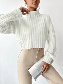 EURMUSE Turtleneck Drop Shoulder Ribbed Knit Jumper - Beige - View 4
