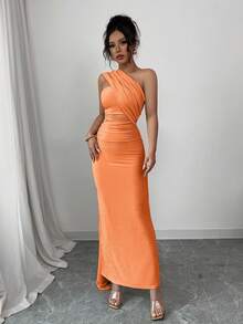 Selianne Apricot Women's Elegant Fashion Party Dress,Asymmetric Shoulder, Ruched Waist, Bodycon, Backless, Glitter, Knit, Stretchy, Comfortable, Suitable For Dates, Parties, Valentine's Day, Long Maxi - Orange - View 3