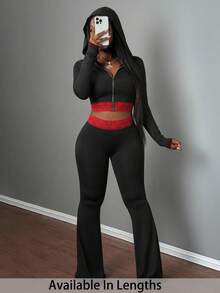 SHEIN PETITE CURVE 大码女式秋季撞色蕾丝长袖拉链连帽短款夹克和喇叭裤两件套 - 黑色 - 查看 1