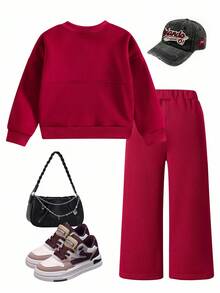 SHEIN Elladie kids 2 件套年轻女孩优雅修身夹克和高腰阔腿裤套装，春秋 - 紅色 - 查看 3