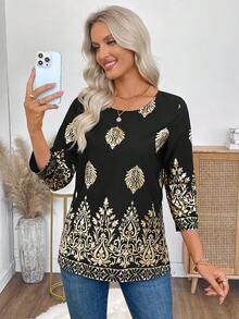 EMERY ROSE 女士节日箔花印花圆领七分袖时尚衬衫 - 黑色 - 查看 4