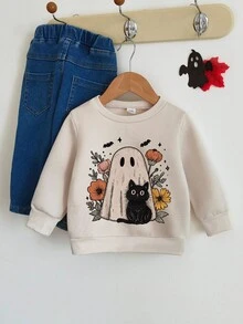 Baby Mädchen Lässig Katzen- und Blume Muster Fleece gefütterte Rundhalsausschnitt Langarm Sweatshirt, geeignet für Ausflüge im Herbst/Winter