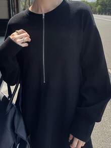 FRIFUL 女式黑色纯色落肩长袖、袖口褶皱、圆领、金属拉链领口、喇叭下摆宽松休闲连衣裙，秋季