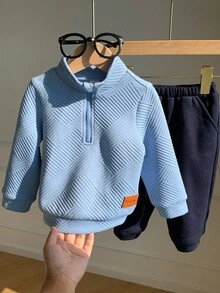 SHEIN 2 件套男婴柔软针织领长袖套头衫和松紧腰裤套装 - 藍色 - 查看 5